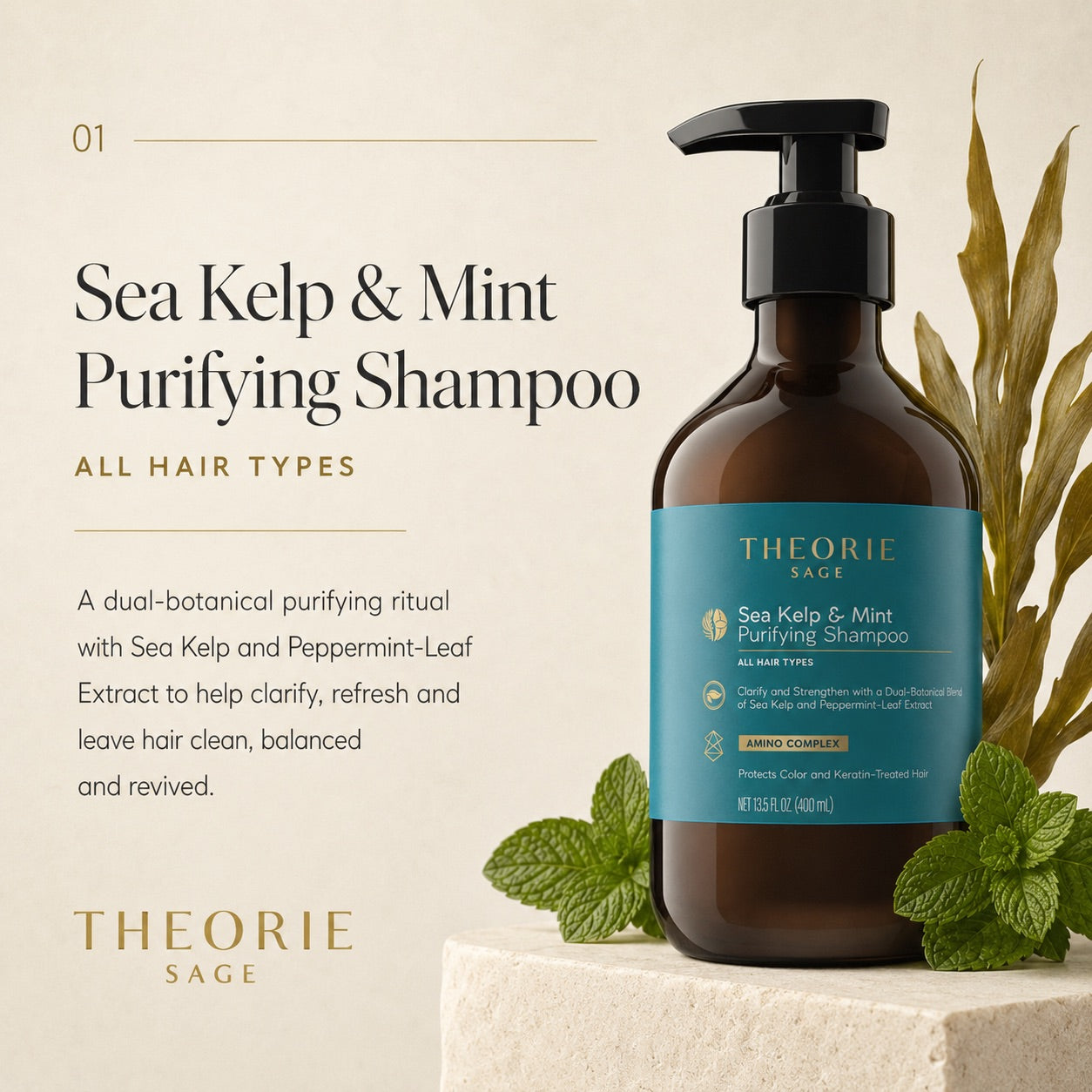 Theorie Sage Sea Kelp & Mint Purifying Shampoo bottle with greenery on a beige background