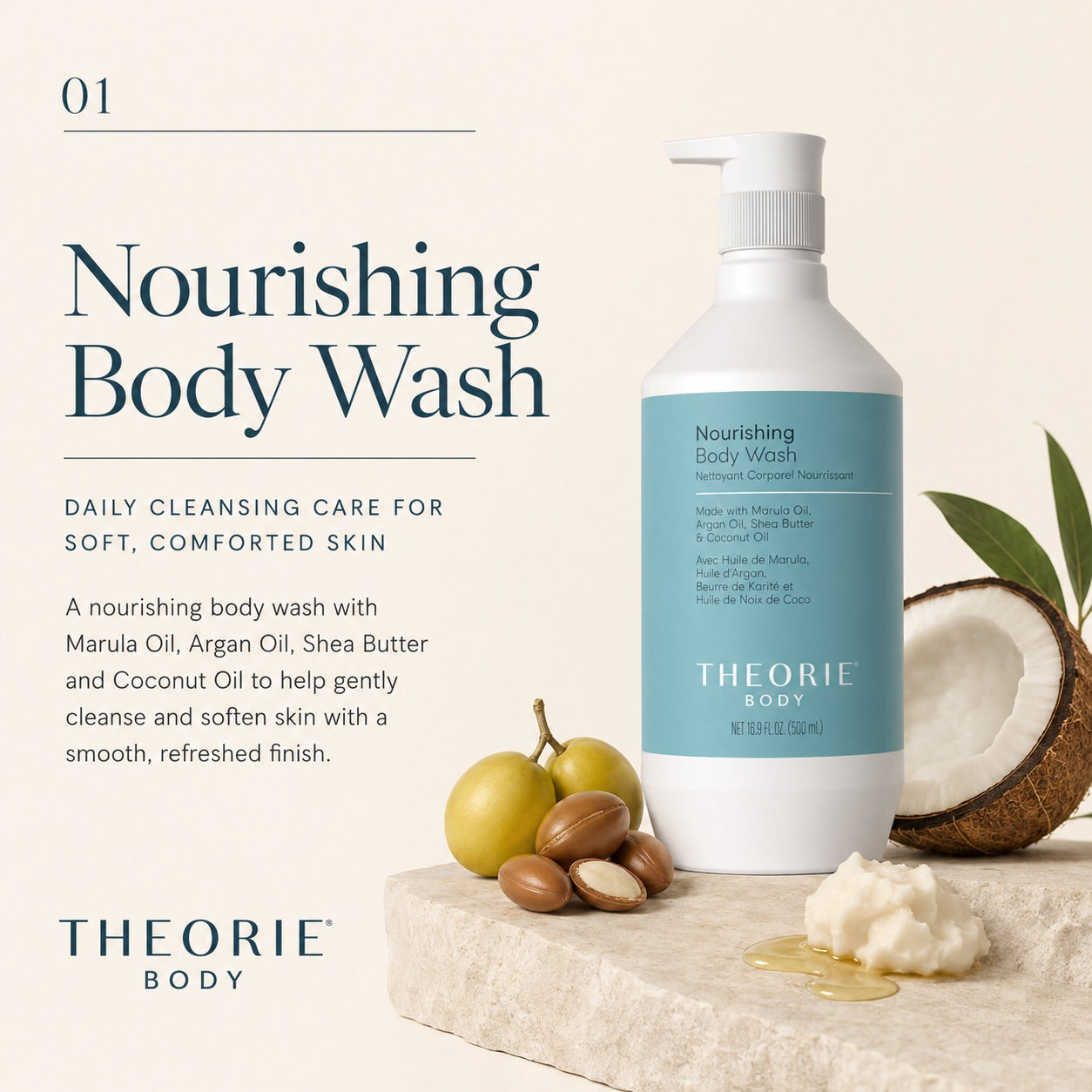Nourishing body wash bottle with ingredients on a beige background, featuring Theorie Body brand.