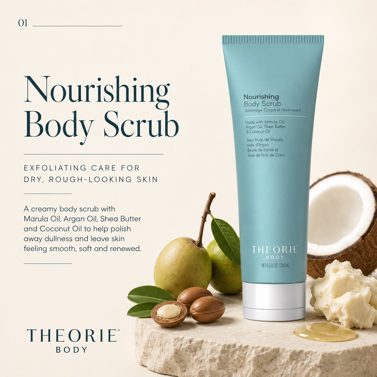 Nourishing body scrub tube with ingredients on a light background