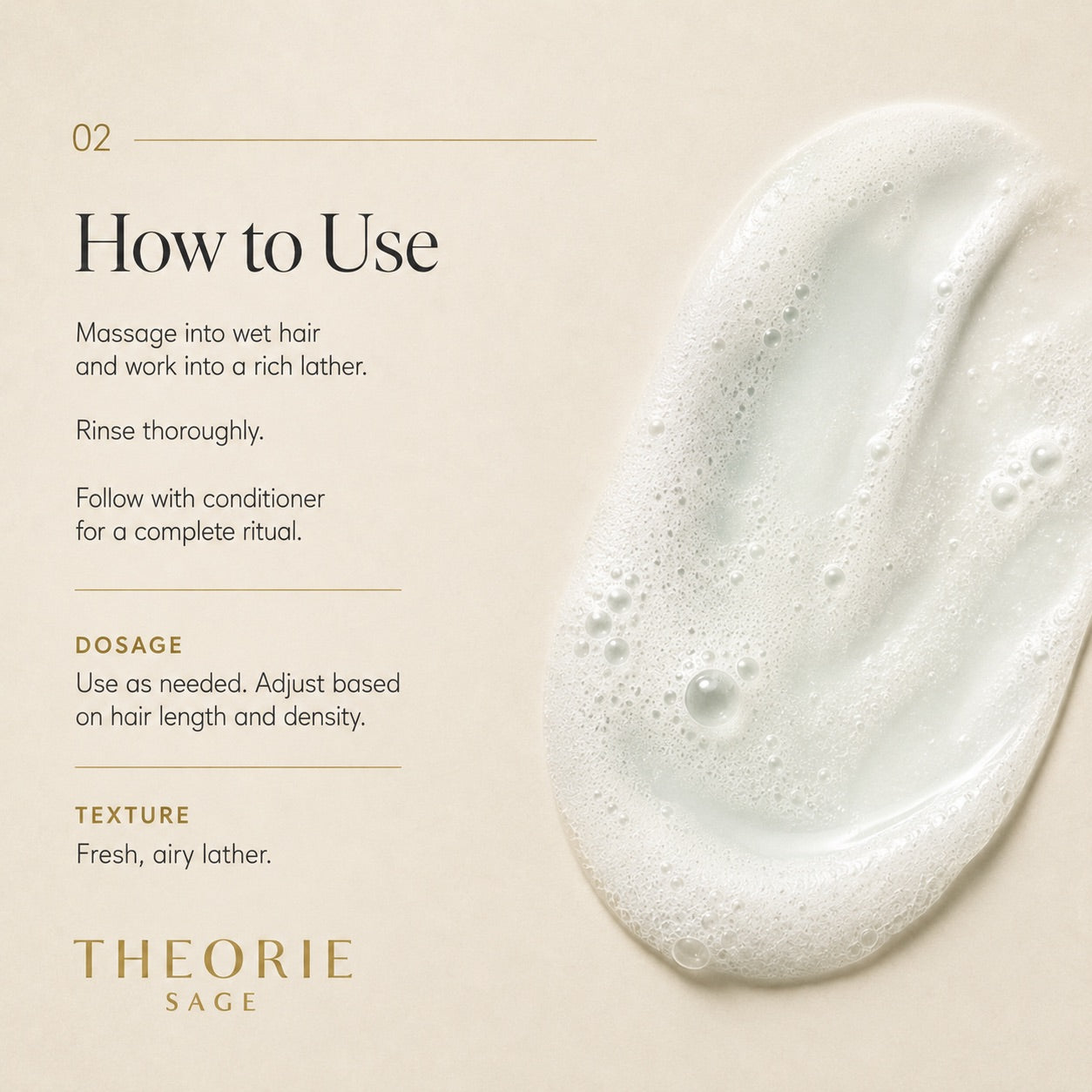 Hair care product with instructions and Theorie Sage branding on a beige background