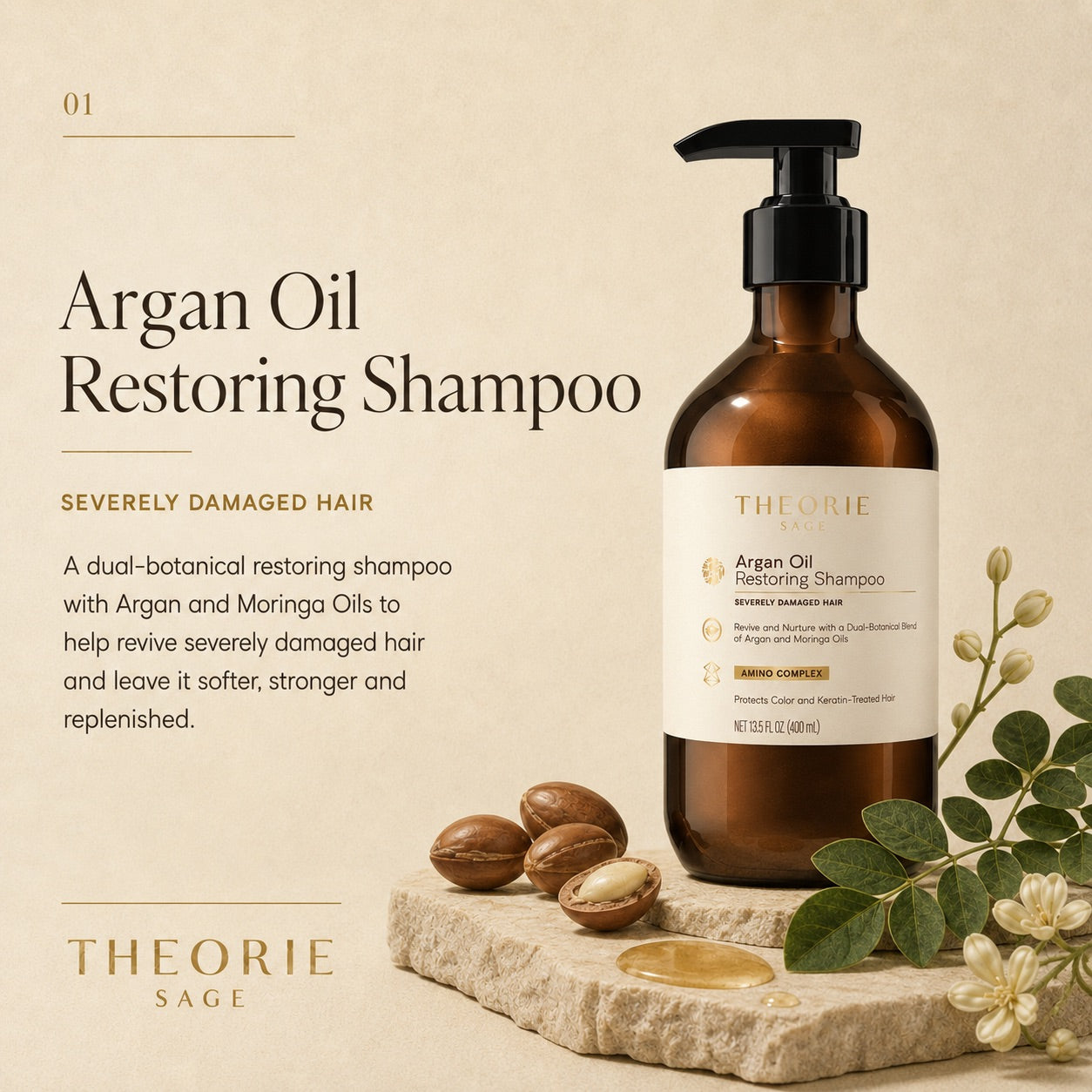 Brown shampoo bottle with argan oil and leaves on a beige background
