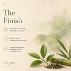 Promotional graphic for Theorie Sage with text about hair care benefits and green leaves on a beige background.