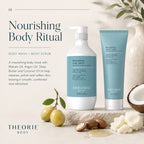 Theorie body wash and scrub with natural elements on a light background