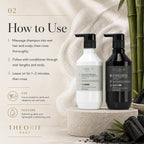 Two bottles of Theorie Sage shampoo and conditioner on a stone surface with text on how to use them.