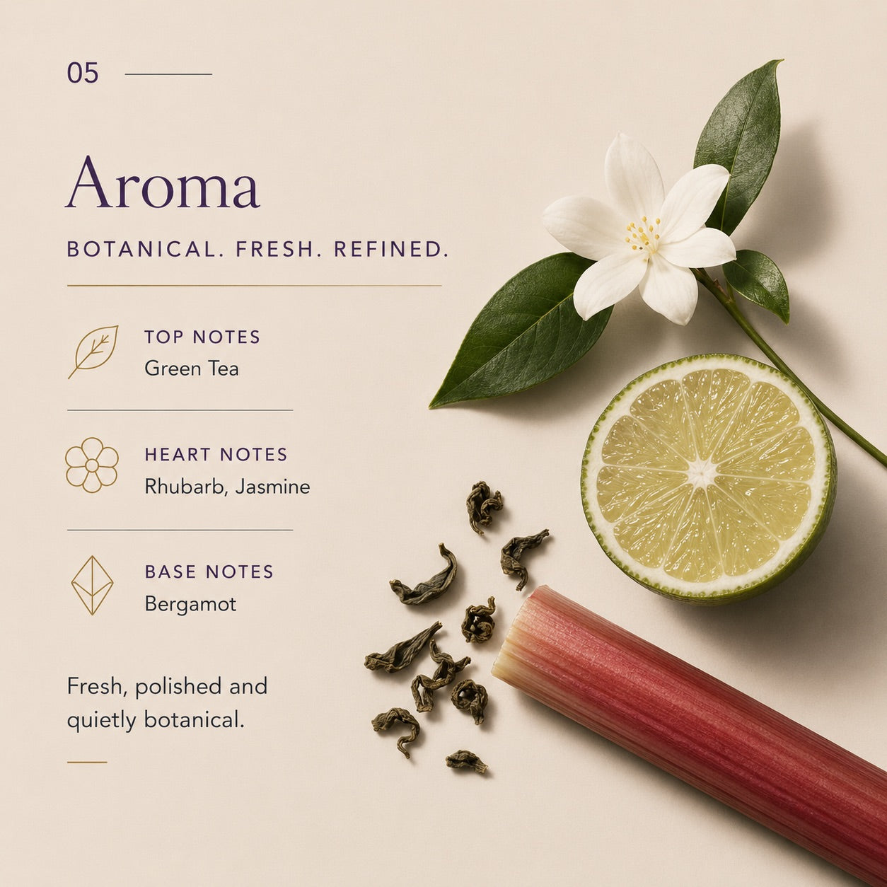 Tea blend with green tea leaves, jasmine flower, bergamot, and rhubarb on a beige background.