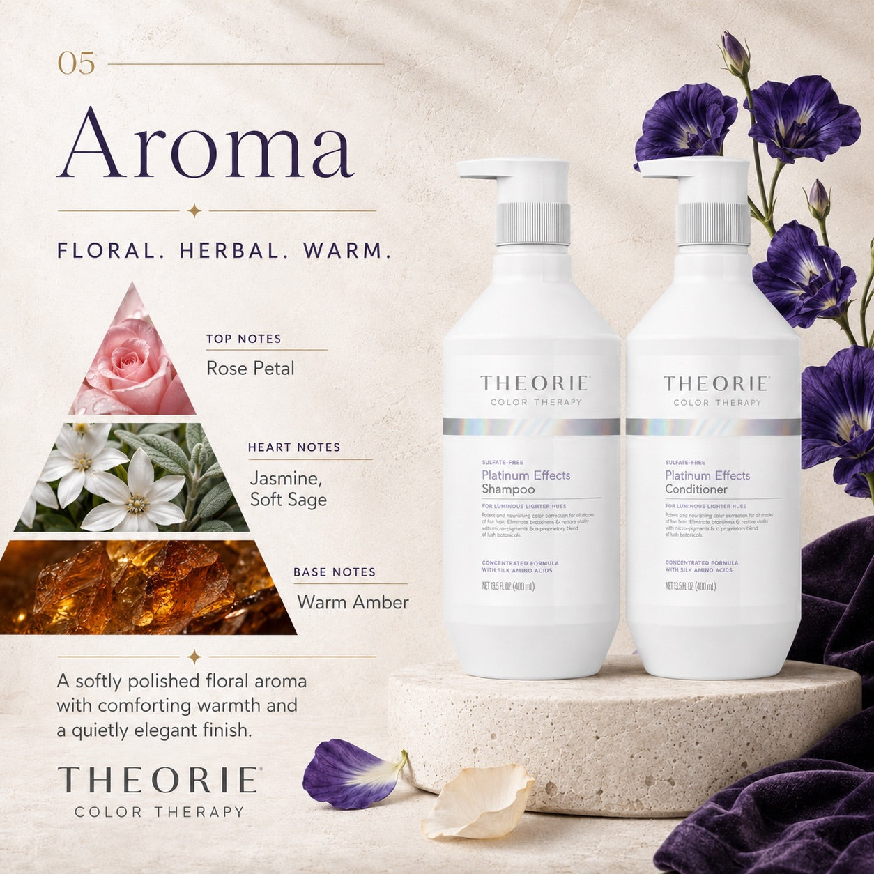 THEORIE shampoo and conditioner bottles with floral elements on a neutral background