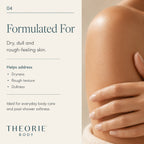 Advertisement for THEORIE BODY skincare product showing a close-up of skin and text about product benefits.