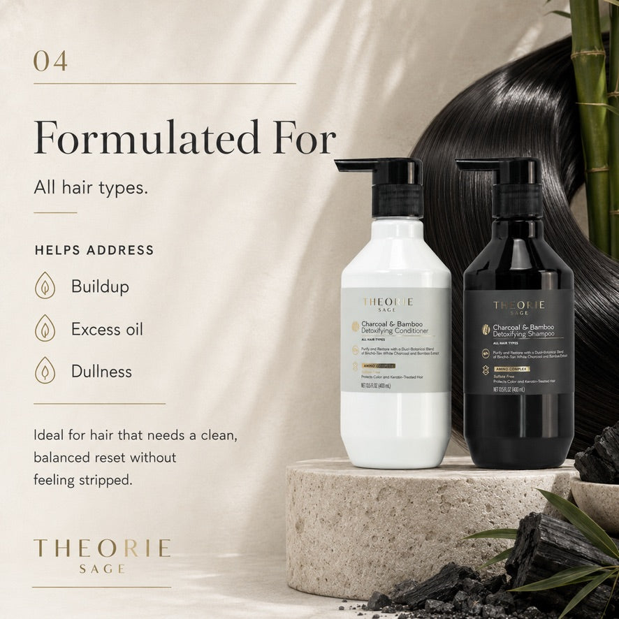 Theorie Sage shampoo and conditioner bottles with text about hair care benefits on a neutral background.