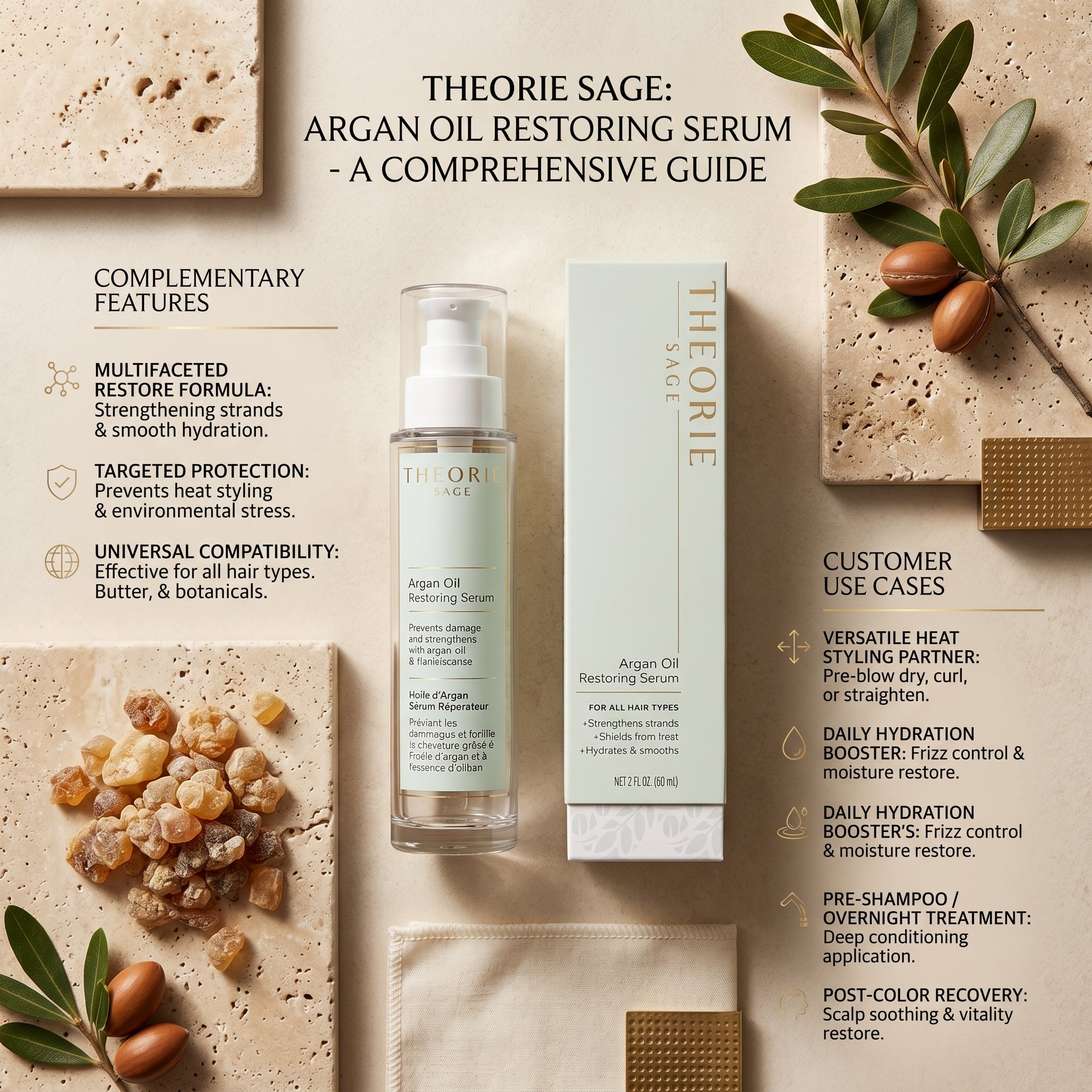Theorie Sage Argan Oil Restoring Serum with packaging and ingredients on a beige background