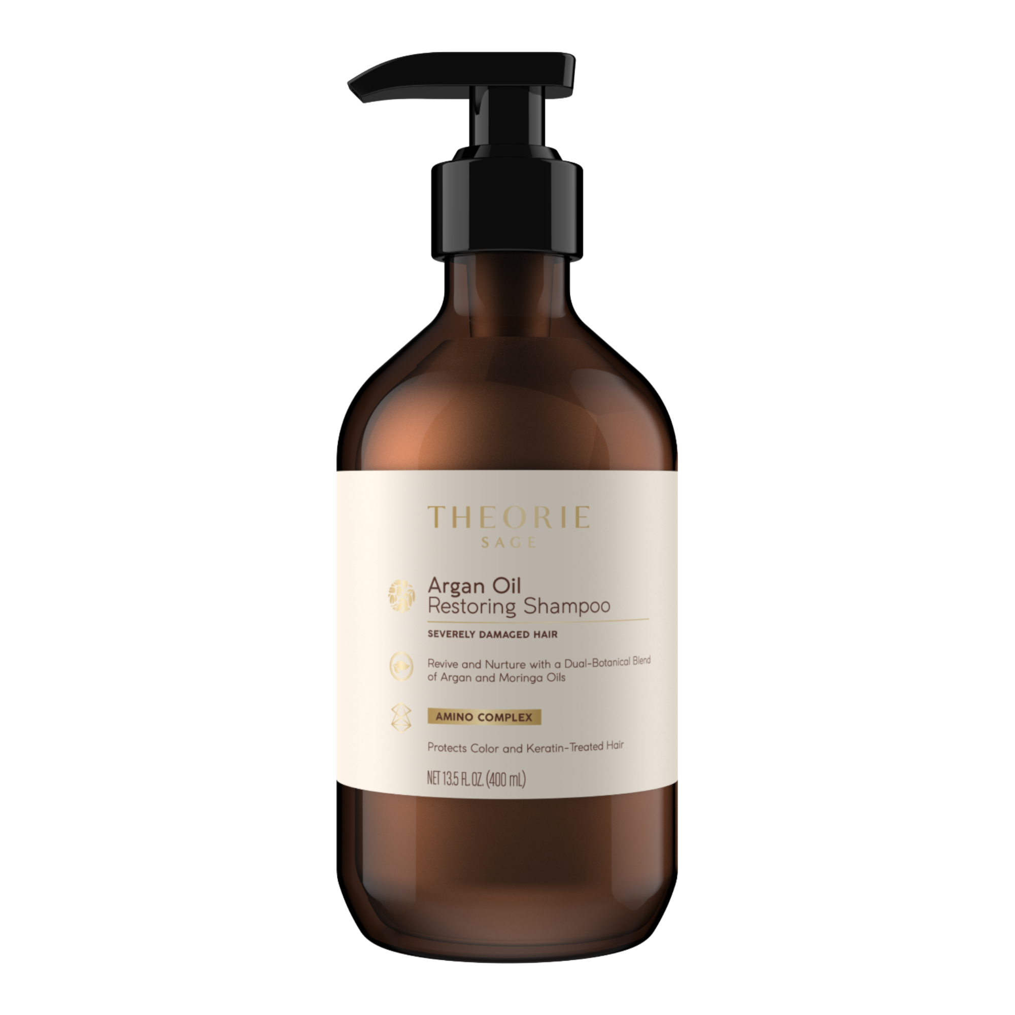 Brown shampoo bottle with black pump and white label on a white background