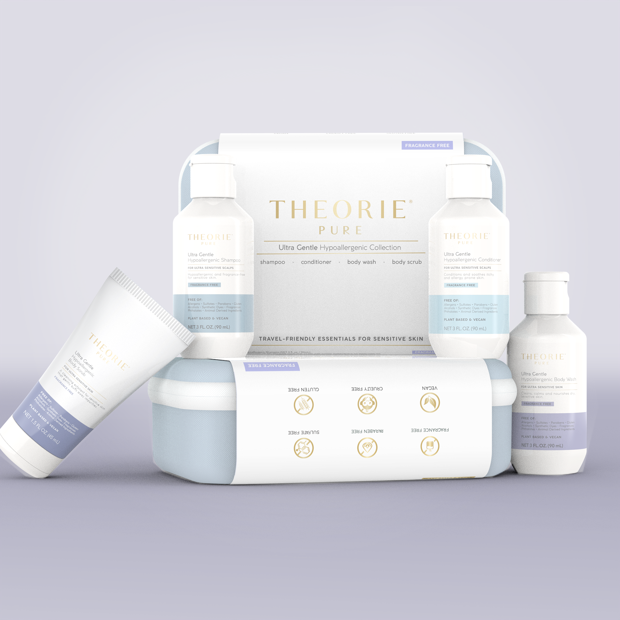 Theorie travel kit set on a pastel background